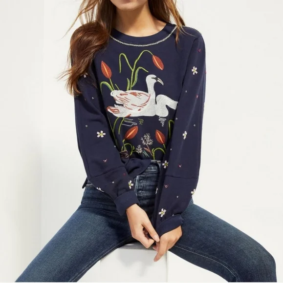 Anthropologie Swan Lake Embroidered & Bead Embellished Crewneck Sweatshirt - Picture 11 of 11